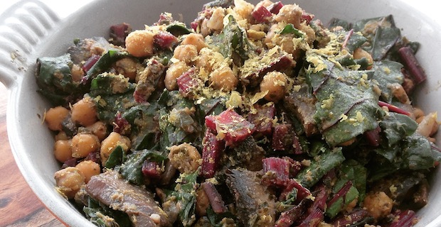 Warm Cheesy Chickpea Pesto Recipe with Beet Greens and Portobello Mushrooms 