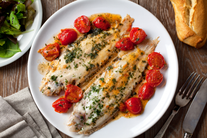 Baked Halibut in Wine Tomato Broth 