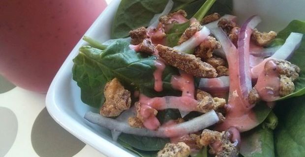 Spinach Salad Recipe with Strawberry Poppy Seed Dressing & Candied Pecans 