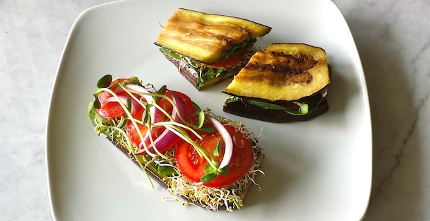 Vegetarian Eggplant 'Sandwich' with Sprouts and Hummus 
